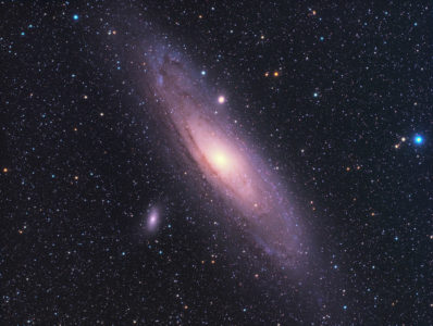 Captured with a 70mm apochromatic refractor telescope using Luminance, Red, Green, Blue, and Hydrogen-Alpha filters.